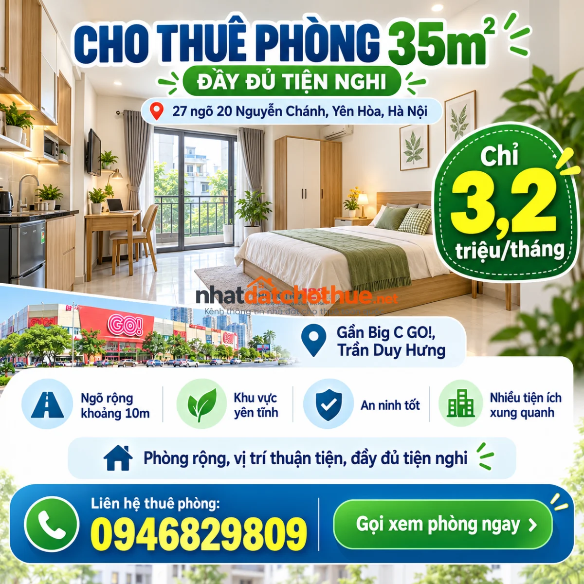 CHO THUÊ PHÒNG 35M² – NGUYỄN CHÁNH – GẦN BIG C GO! – CHỈ 3,2 TRIỆU/THÁNG 1