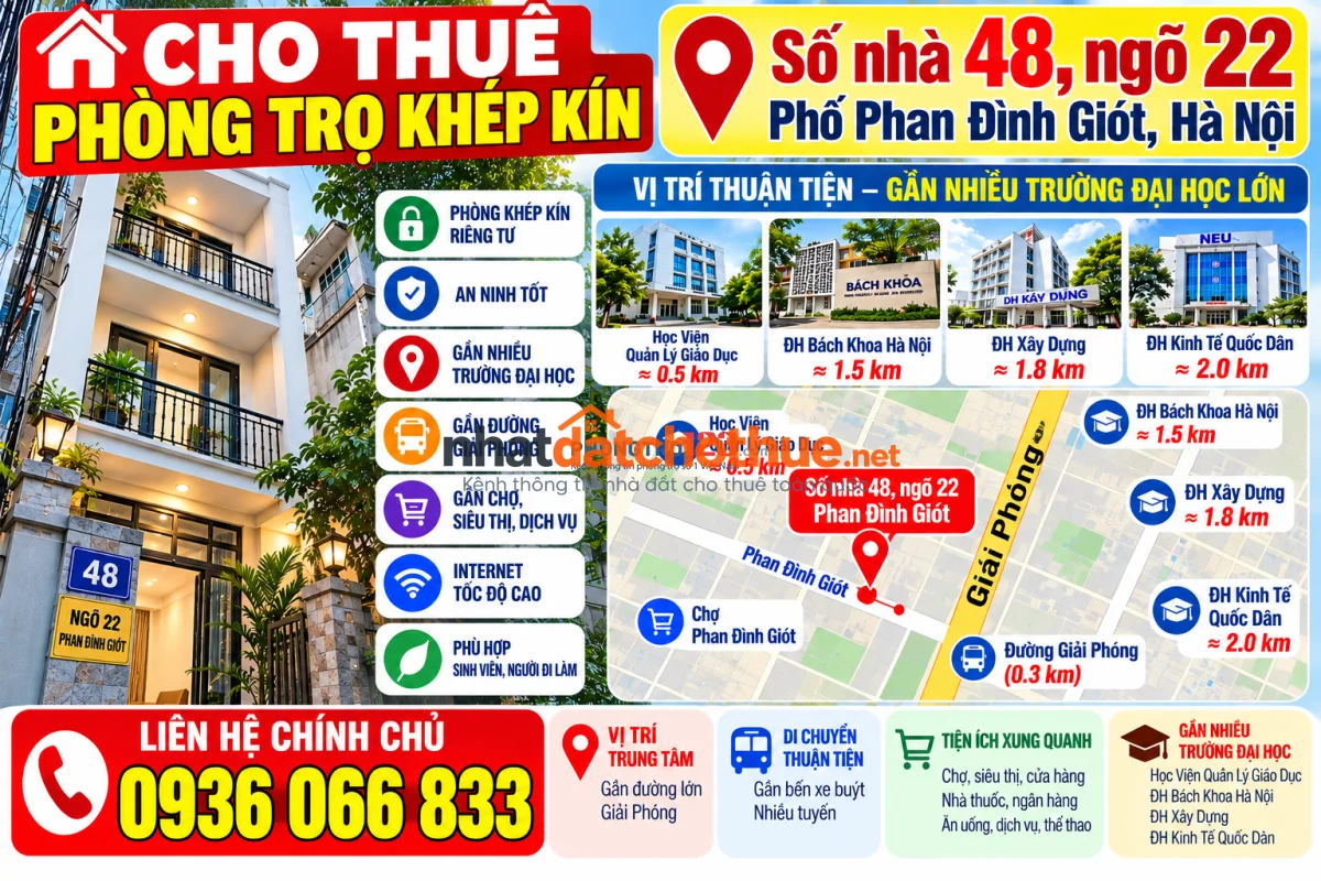 Cho thuê phòng trọ khép kín tại số nhà 48 ngõ 22 phố Phan Đình Giót, Hà Nội