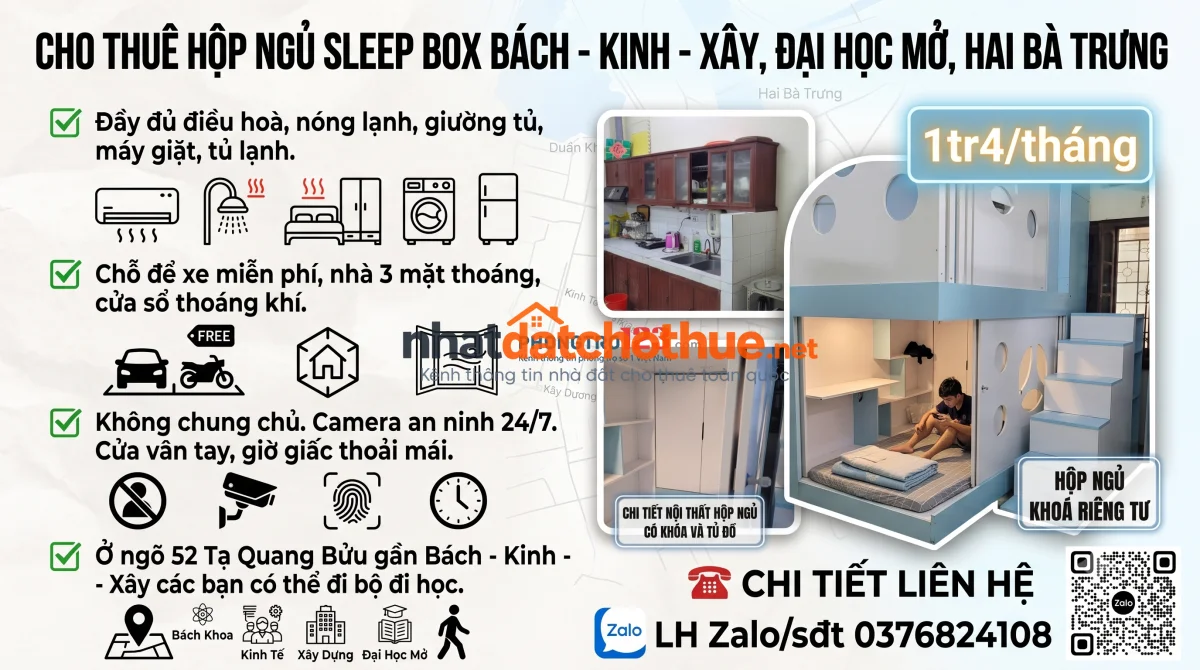 Cho thuê hộp ngủ sleep box Bách - Kinh - Xây, Đại Học Mở, Hai Bà Trưng
