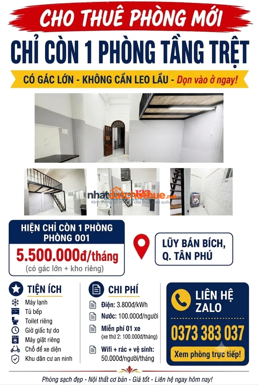 Cho thuê phòng trệt - gác Lũy Bán Bích